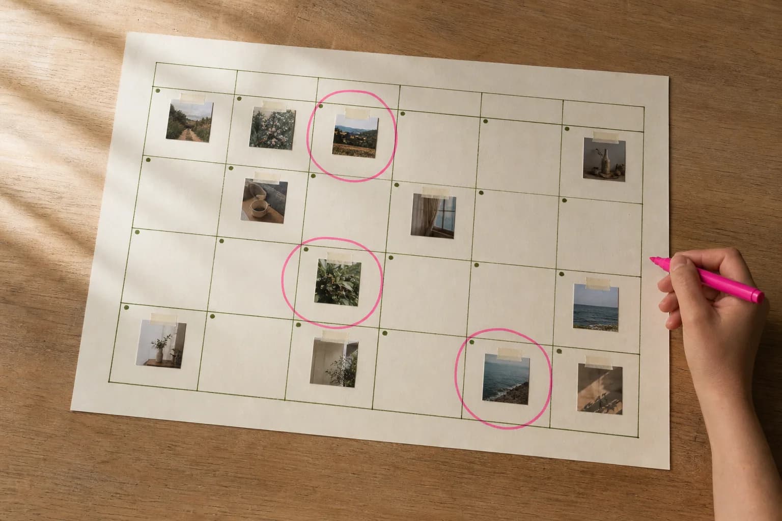 Hoja grande con una cuadrícula de calendario dibujada a mano y recortes fotográficos pegados en las casillas