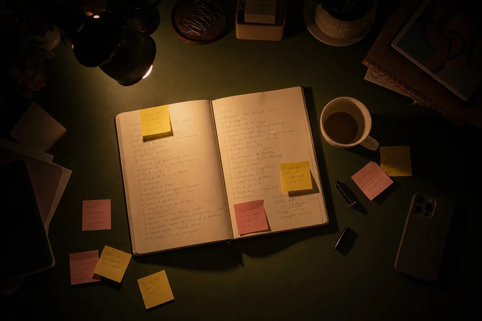 Escritorio de noche con un cuaderno de pendientes, notas adhesivas y un café a medias