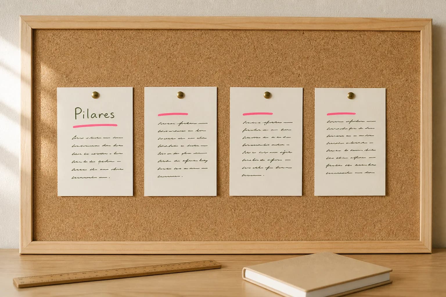 Tablero de corcho con cuatro tarjetas de papel crema escritas a mano y subrayadas en rosa