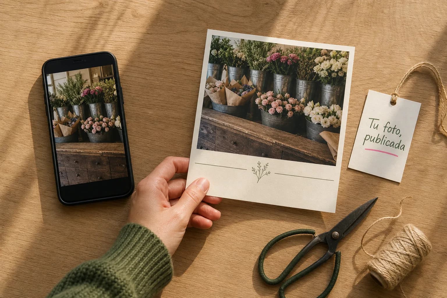 Sobre una mesa de madera, un teléfono muestra la foto suelta de una floristería y, al lado, una mano sostiene esa misma escena ya compuesta como publicación impresa, junto a una etiqueta escrita a mano que dice «Tu foto, publicada»