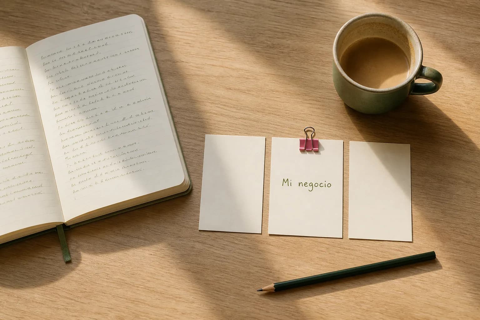Cuaderno de renglones abierto sobre una mesa de madera con fichas de cartulina y notas manuscritas