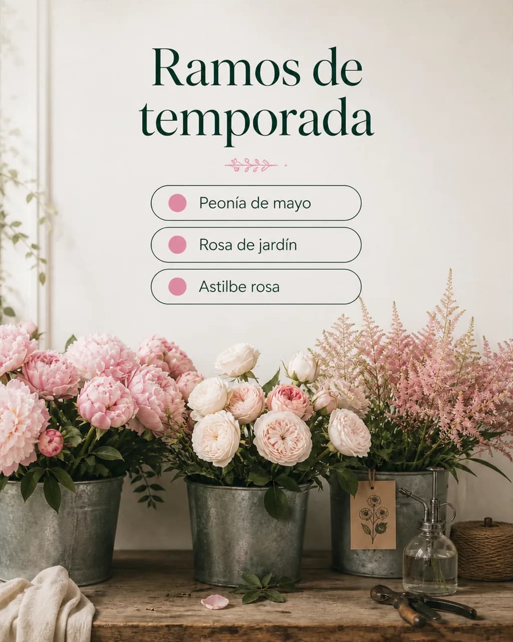 Segunda publicación de la floristería: cubetas de zinc con flores frescas bajo el titular «Ramos de temporada» y la lista de las tres flores de la semana