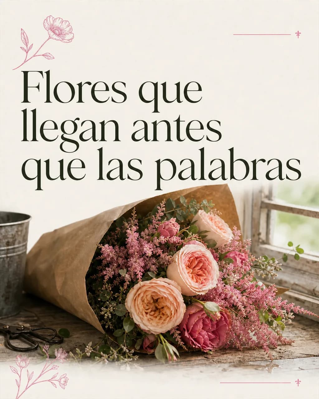 Publicación de una floristería: ramo envuelto en papel kraft junto a la ventana del taller, con el texto «Flores que llegan antes que las palabras» en serif verde y flores ilustradas a línea