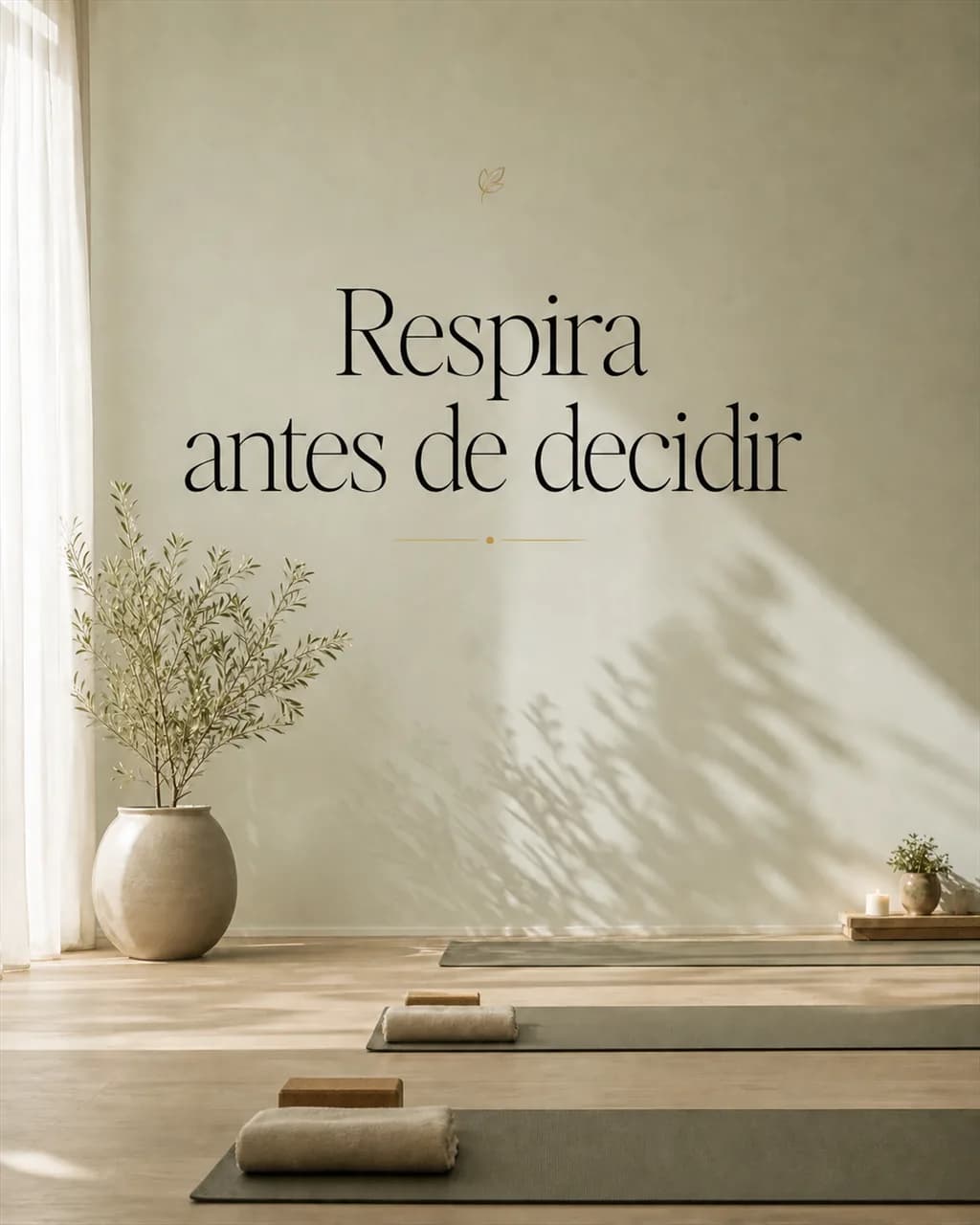 Publicación de un estudio de yoga: salón en calma con tapetes extendidos y luz de mañana, con el texto «Respira antes de decidir» en serif fina sobre el muro